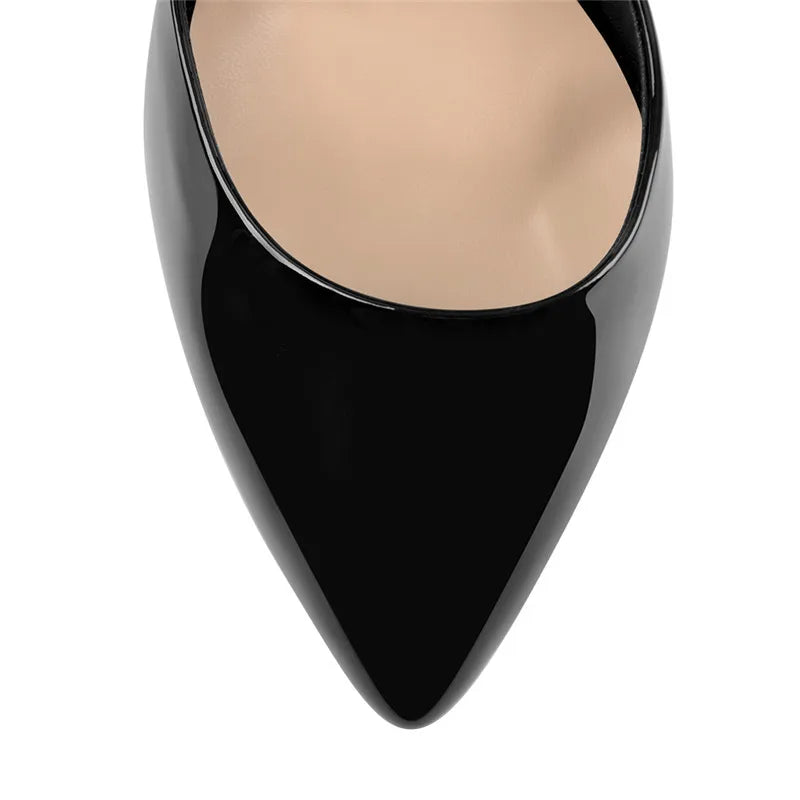 Women Pointed Toe Black Patent Leather Platform   Thin High Heels Criss Cross Buckle Strap Sandals Big Size