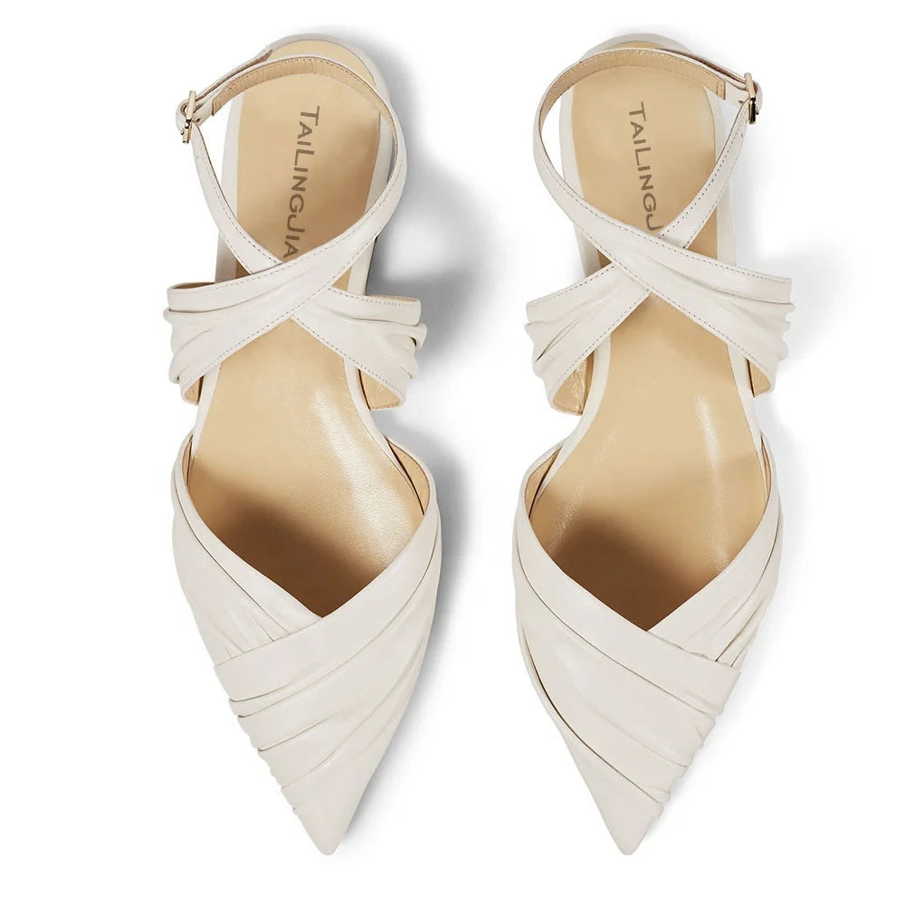 Women's Pointed Toe Slingback Flats Ankle Strap Office Ladies Sandals Elegant Fashion Buckle Pleated Daily Shoes