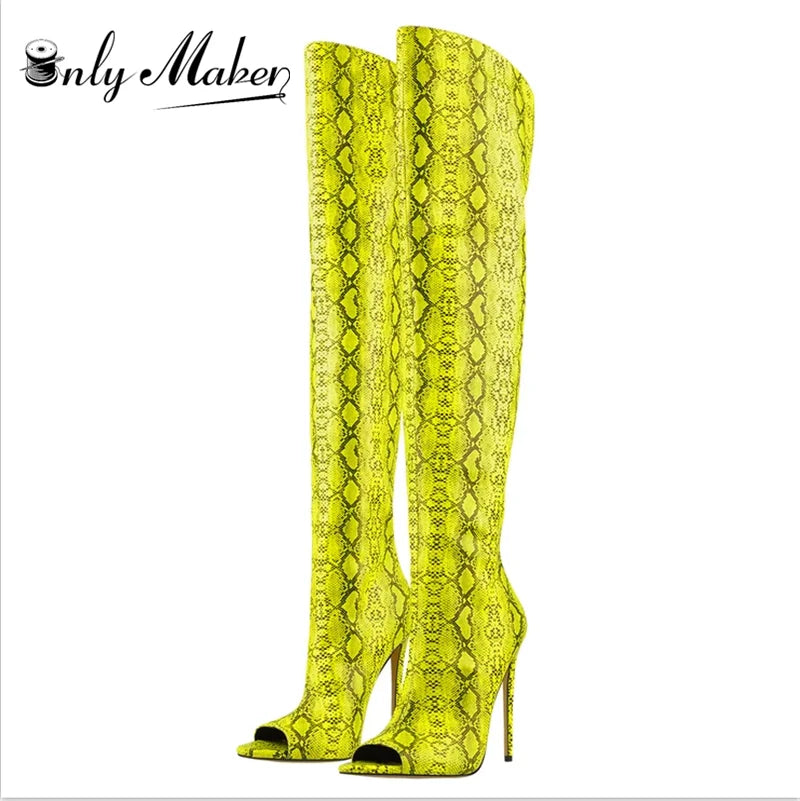 Onlymaker Women  Over The Knee Boots  Snake Peep Toe Skin Print Pattern Stiletto Fashion Party  Plus Size  Handmade Boots