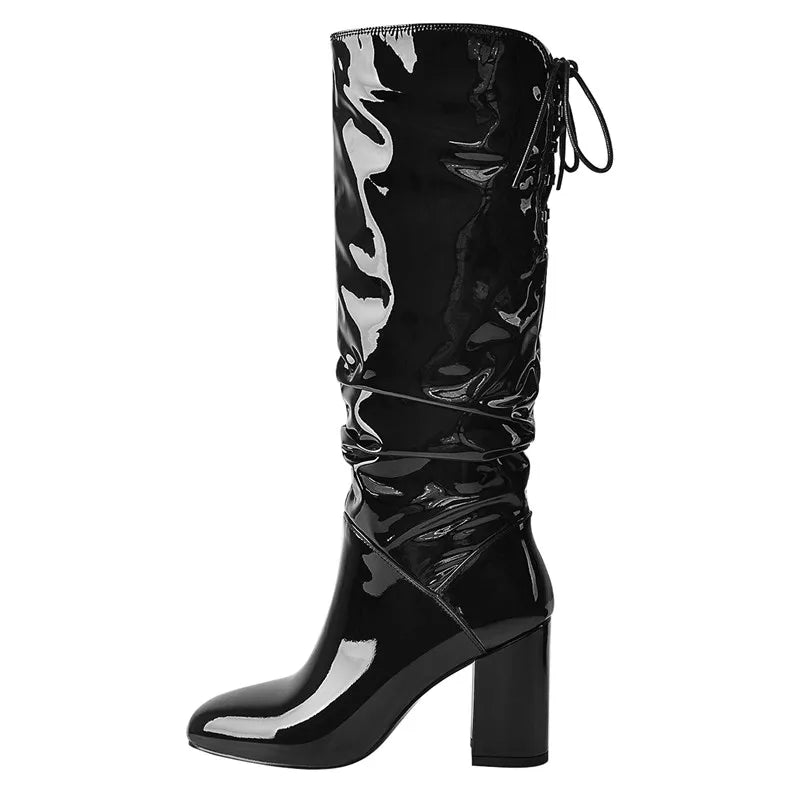 Onlymaker Women Pointed Toe Black Pleated 8.5CM High Heels Patent leather Crinkle Mid Calf Chunky Big Size Fashion Boots