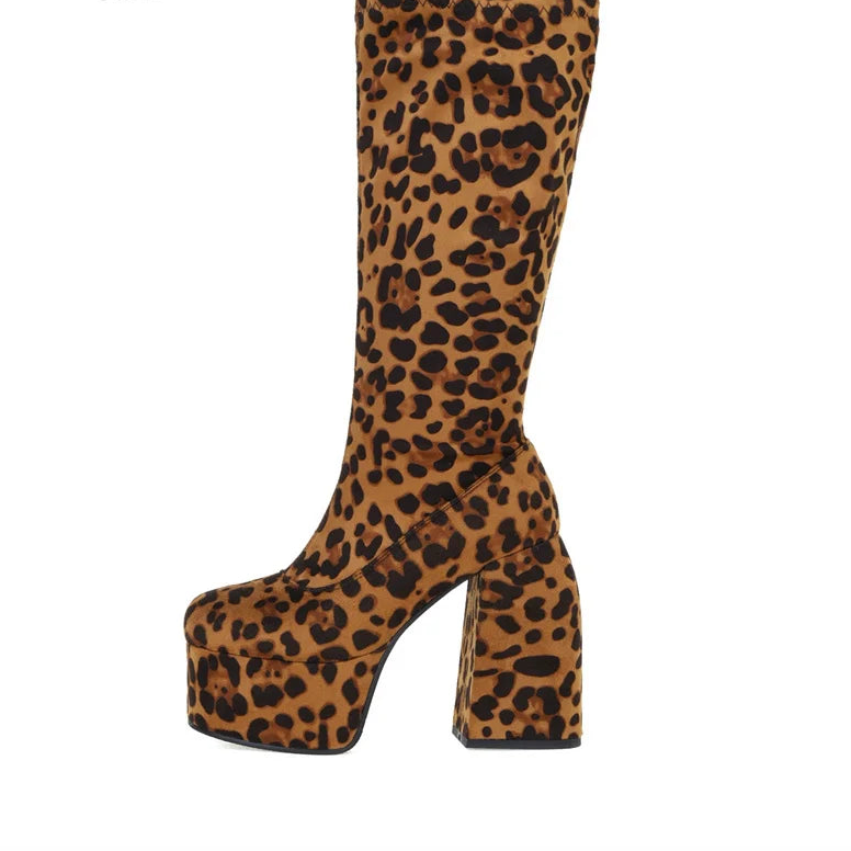 Onlymaker Winter Women Leopard Warm Boots Platform Round Toe Zipper Concise Classic Thick High Heels Party Fashion Dress Boots