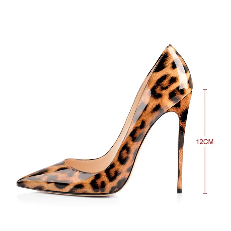 Women's Pointed Toe 8CM 10CM 12CM Thin Heels Leopard Print Sexy Pumps Patent Leather Lady Shoes Big Size US5~US15