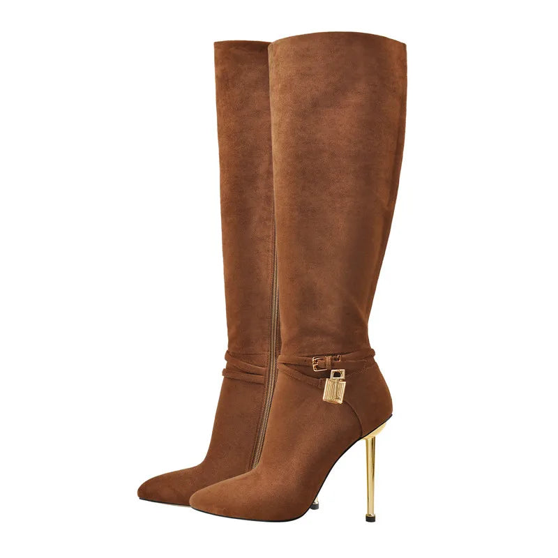 Onlymaker Women's Pointed Toe Brown Suede Lock Decoration Side Zip Knee High Boots Side Zip Stiletto Metal Heel Fashion Boots