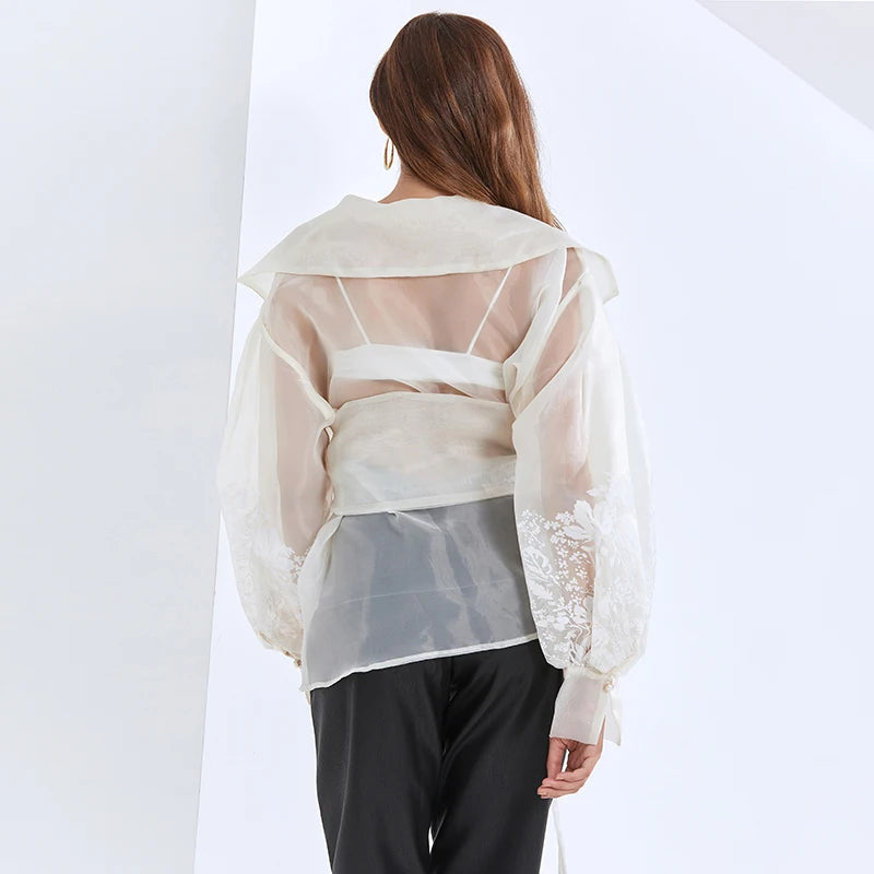 Vintage Print Embroidery Shirt For Women Lapel Long Sleeve Sashes Elegant Blouse Female Fashion New Clothing 2025 Spring