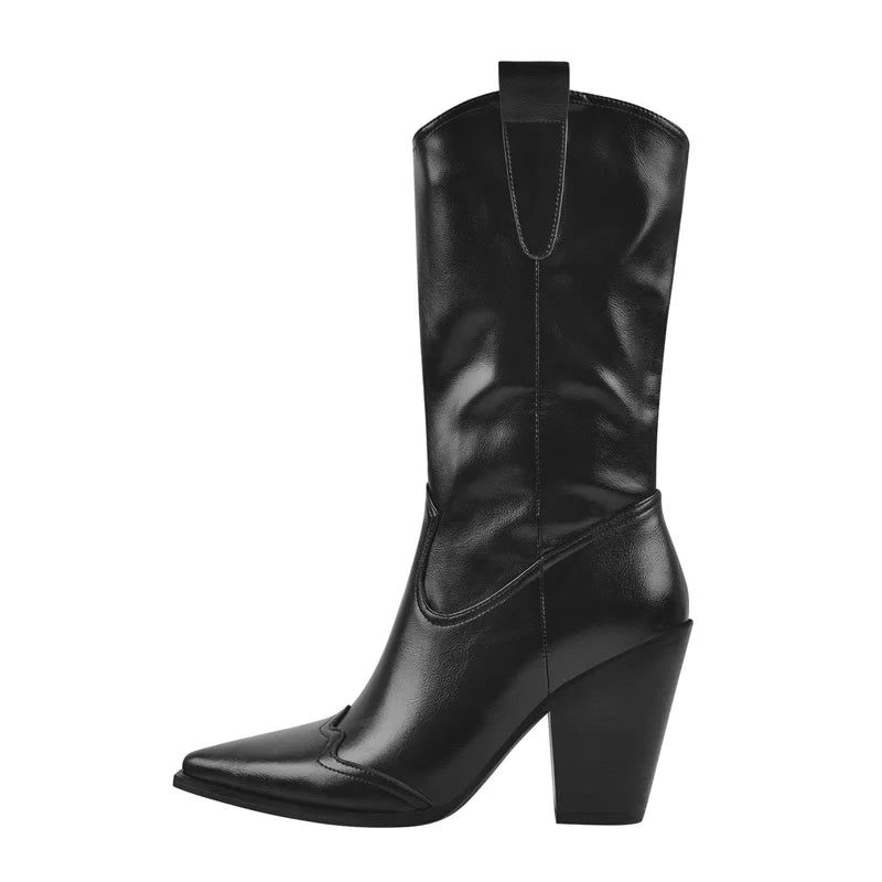 Onlymaker Women Pointed Toe Mid-Calf Boot Matte Black Sewing Embroidered Thick Heels Zipper Winter  Big Size Cowboy Boots