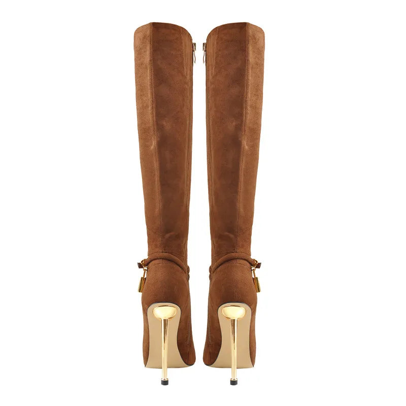 Onlymaker Women's Pointed Toe Brown Suede Lock Decoration Side Zip Knee High Boots Side Zip Stiletto Metal Heel Fashion Boots
