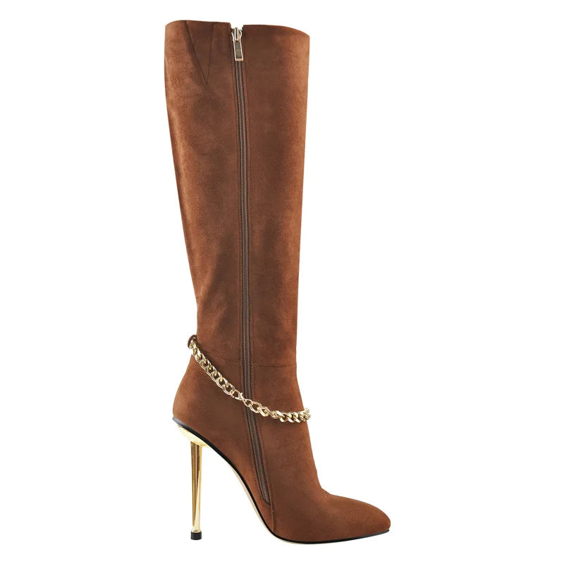 Onlymaker Women Pointed Toe Boots Brown Flock Knee-High  Side Zip Thin Metal Heel Fashion Metal Chain Boots