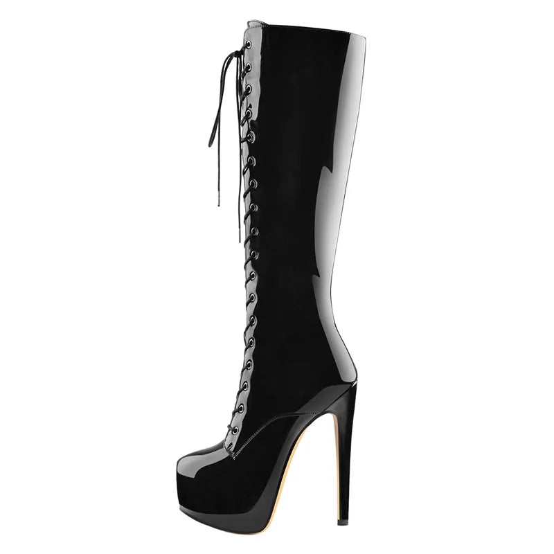 Onlymaker Women Platform Knee High Boots Zip Round Toe Stiletto High Heel Lace Up  Fashion Sexy Patent Leather Winter Boots