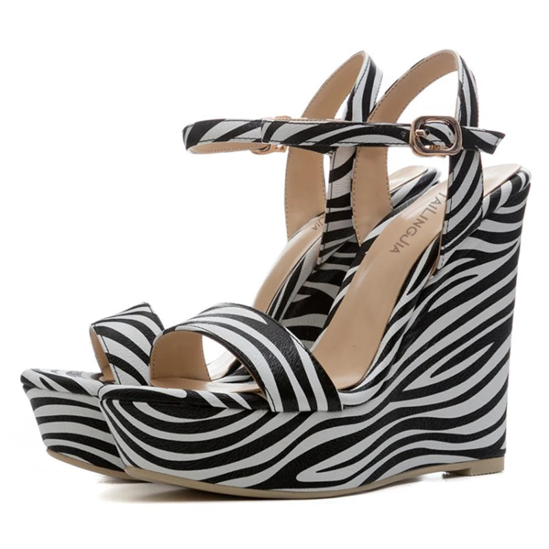 Women Zebra PU Leather Buckle Strap Girls Shoes Open Toe Platform Wedge High Heels Sandals