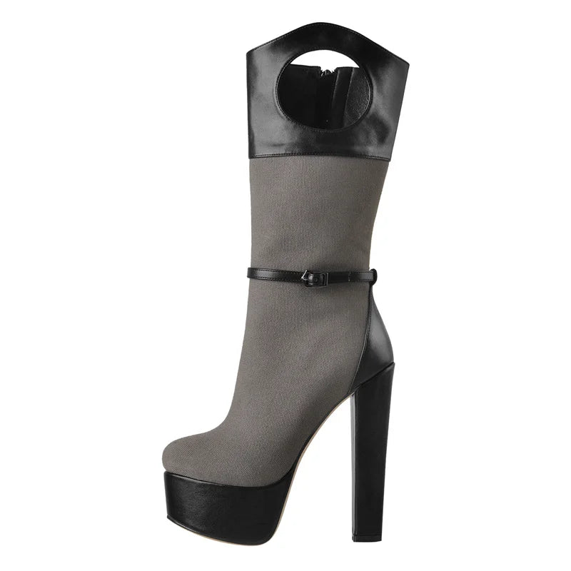 Onlymaker Winter Mid-Calf Boots Platform  Matte Black PU Patchwork Mesh Round Heels  Cutout Comfortable Zipper Shoes