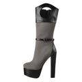 Onlymaker Winter Mid-Calf Boots Platform  Matte Black PU Patchwork Mesh Round Heels  Cutout Comfortable Zipper Shoes
