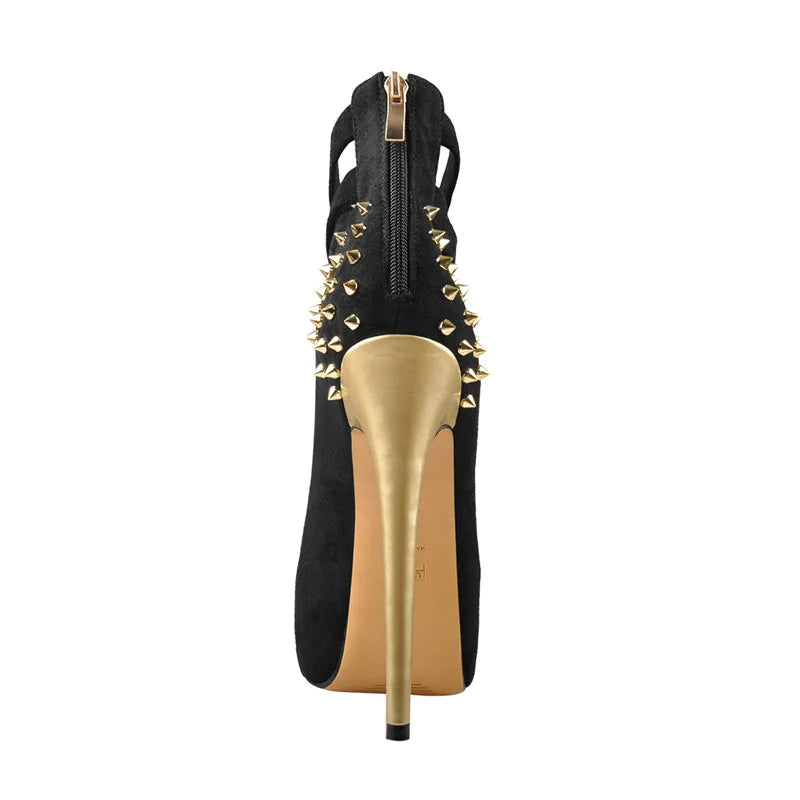 Women  Platform Stiletto 15~16CM High Heel Strappy Pumps Metallic Rivet Studded Back Zipper Shoes Plus Size US5~US15