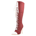 Onlymaker Women  Pointed-toe Lace Up Canvas Boots 10CM Thin High Heel Side Zipper Blue Long Boots Plus Size US5~US15