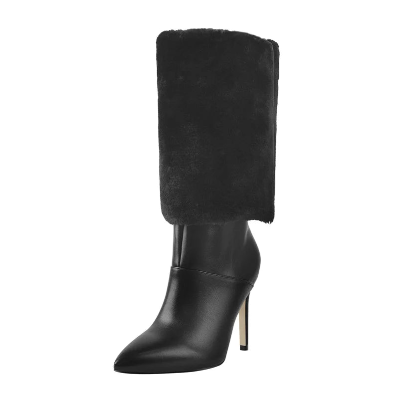 Woman Winter Fashion Warm Short Flock Trouser Tube Boots Pointed Toe Matte PU Stiletto High Heel Boots