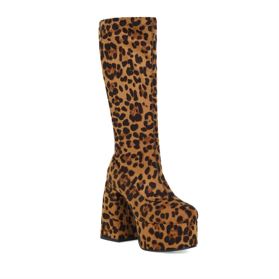 Onlymaker Winter Women Leopard Warm Boots Platform Round Toe Zipper Concise Classic Thick High Heels Party Fashion Dress Boots