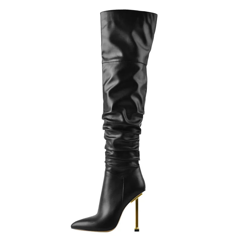 Onlymaker Women Pointed Toe Metal heel Black Matte Side Zip  Knee High Boots Big Size Lady Fashion Classic Long Winter Boots