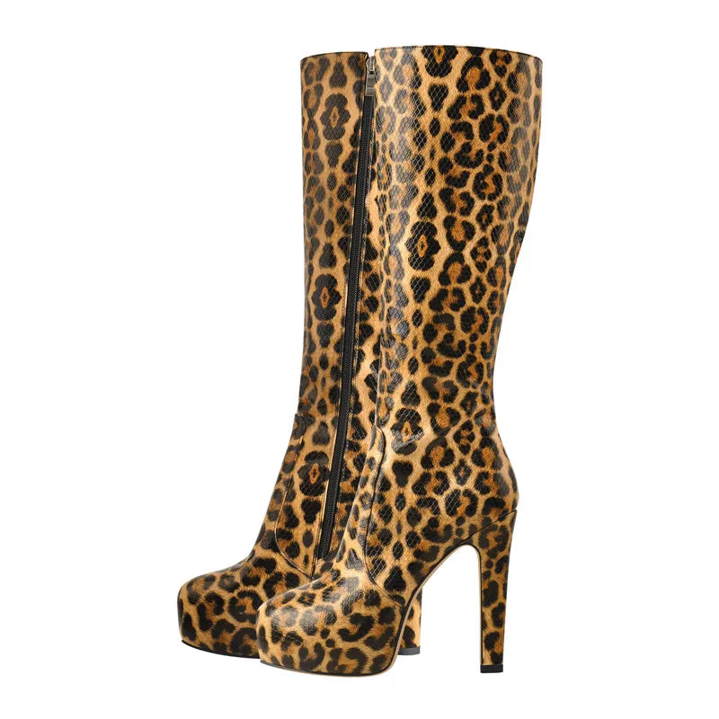 Onlymaker Women Knee High Boots Round Toe Black Matte Leopard  White Side Zipper Winter Fashion Party Dress Big Size Boots