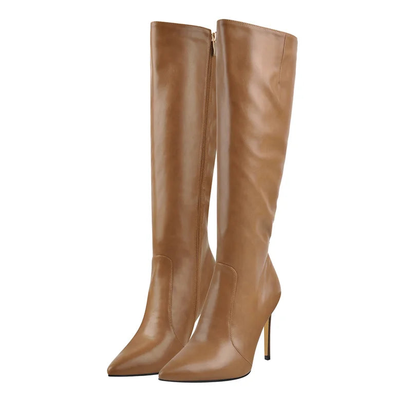 Onlymaker Pointed Toe Knee High Boots Stiletto High Heels Soft PU Leather Flock Concise Side Zipper Big Size Fashion Boots