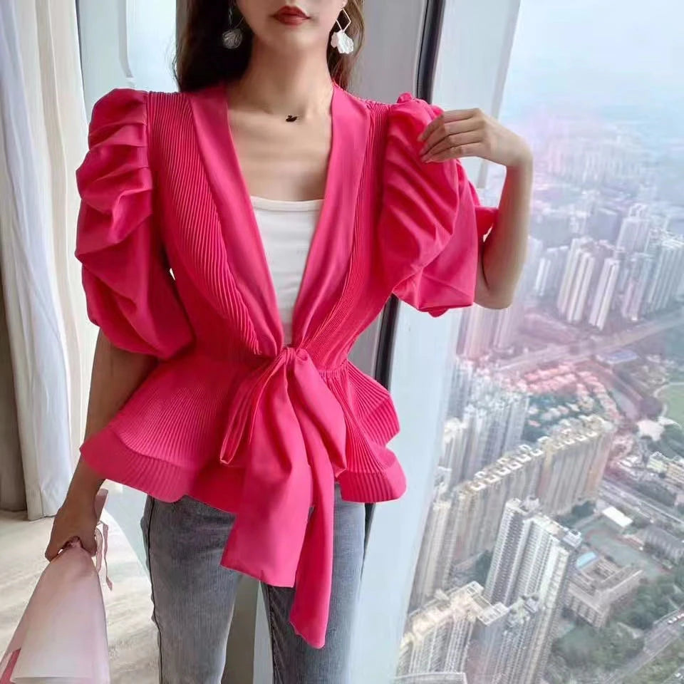 Patchwork Ruffle Lace Up Bowknot Shirt For Women V Neck Puff Sleeve High Waist White Blouse Female 2026 Fashion New Stylish