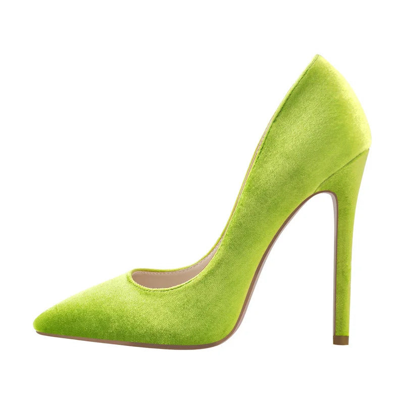Women Pointed Toe  Elegant Evening Dress  Large Size Basic Shoes Flock Slip On Stiletto Green Blue Pumps
