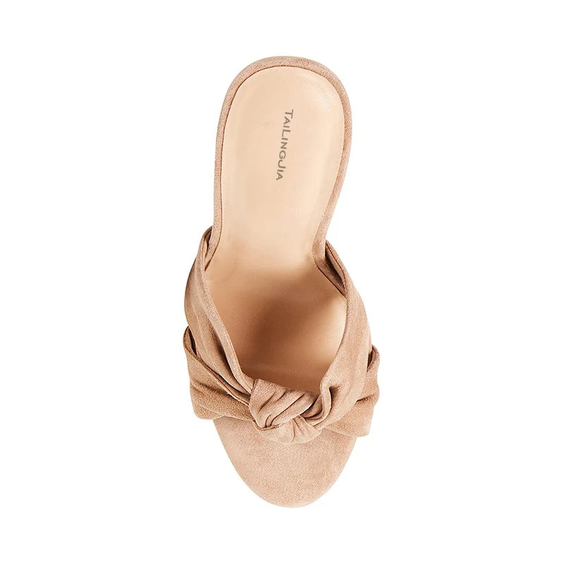 Women's Open Toe High Heel Mules Knotted Nude Sandals with Slip-On Closure Height Increasing Club Style for Summer