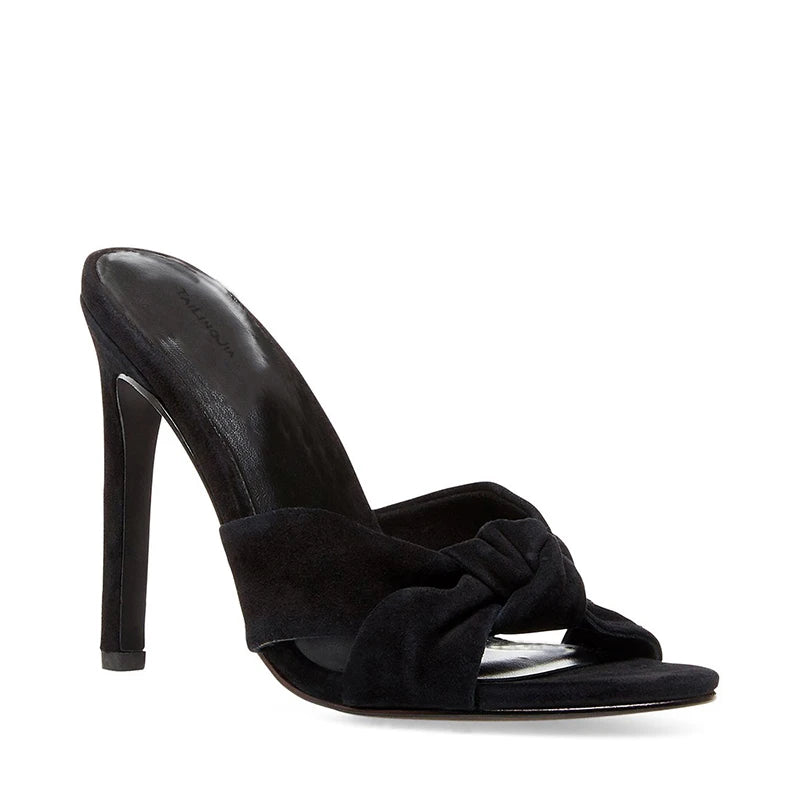 Women's Open Toe High Heel Mules Knotted Nude Sandals with Slip-On Closure Height Increasing Club Style for Summer