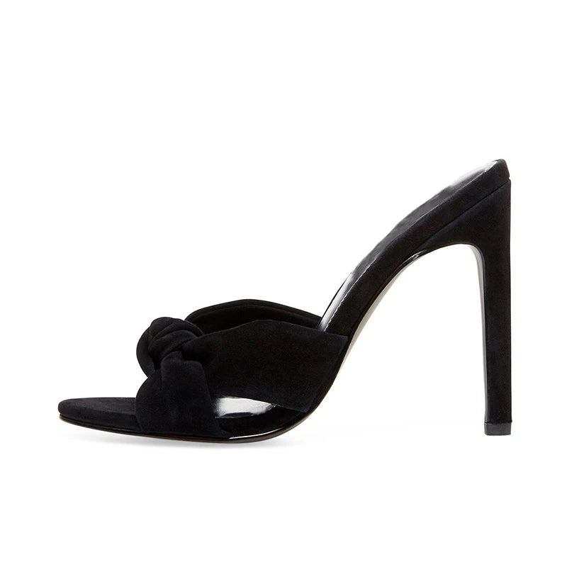 Women's Open Toe High Heel Mules Knotted Nude Sandals with Slip-On Closure Height Increasing Club Style for Summer