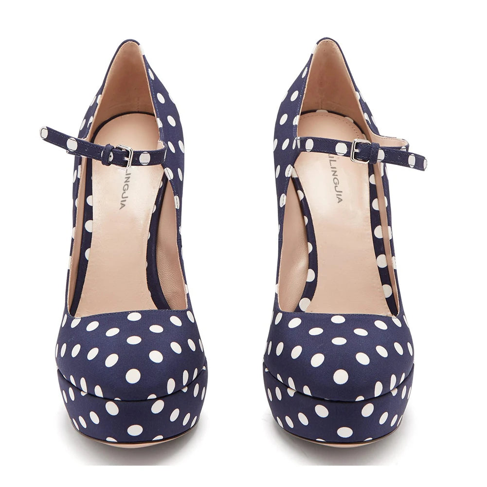 Woman Chunky Platforms Large Size Ladies Formal Heels Evening Shoes 2019 Round Toe High Heel Platform Polka Dot Mary Jane Pumps
