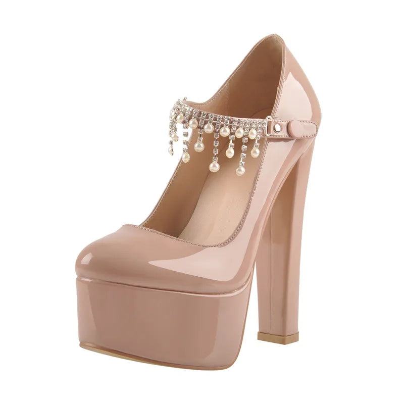 Women Mary Jane Platform Red  Nude Pumps Ankle Strap Thick 15~16cm Round Heel High Heels Dress Buckle Shoes