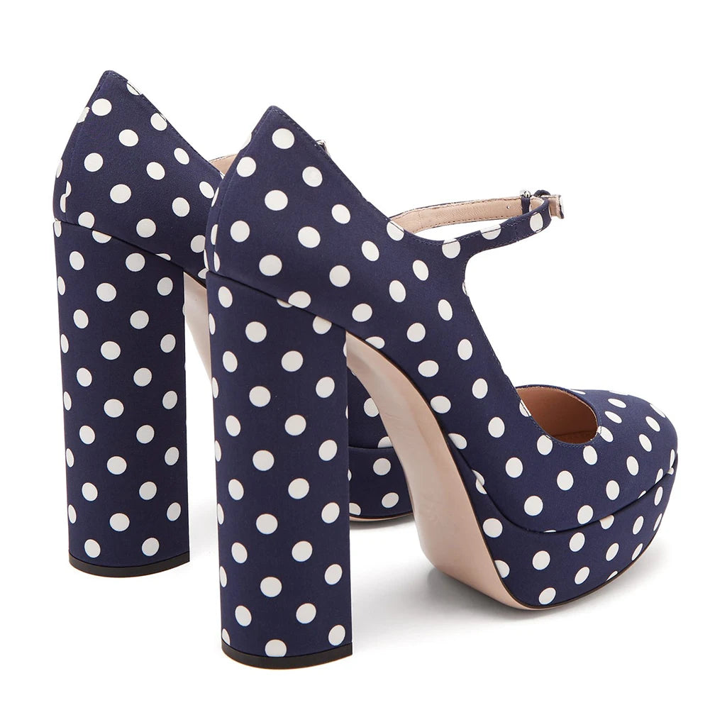Woman Chunky Platforms Large Size Ladies Formal Heels Evening Shoes 2019 Round Toe High Heel Platform Polka Dot Mary Jane Pumps