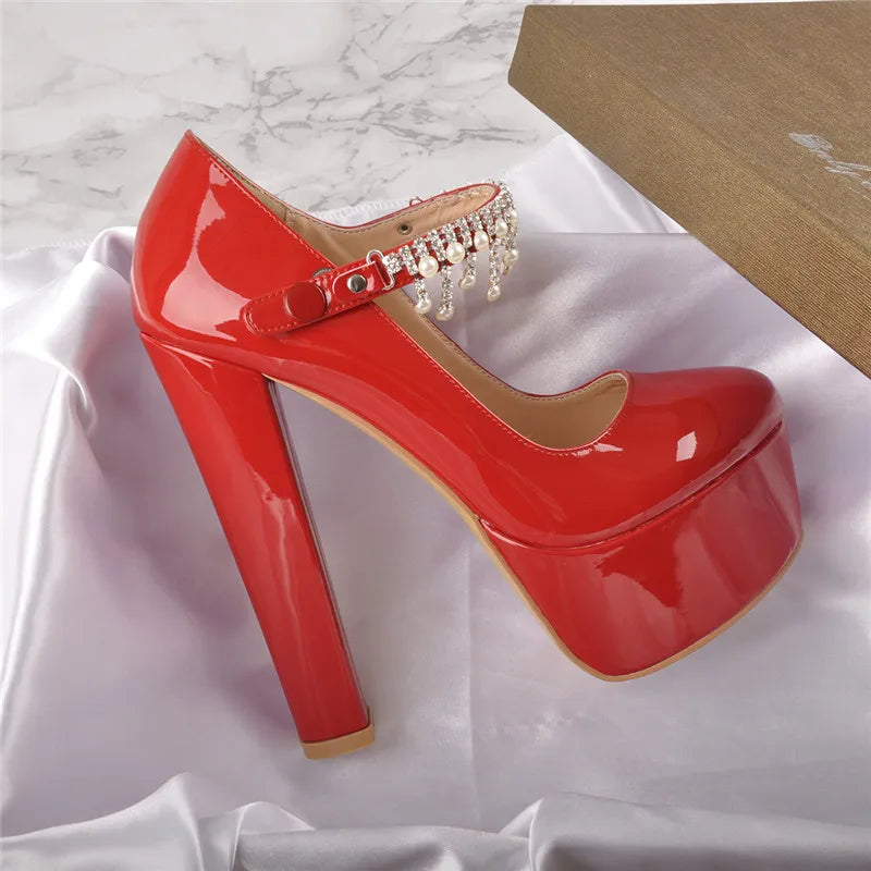 Women Mary Jane Platform Red  Nude Pumps Ankle Strap Thick 15~16cm Round Heel High Heels Dress Buckle Shoes