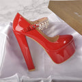Women Mary Jane Platform Red  Nude Pumps Ankle Strap Thick 15~16cm Round Heel High Heels Dress Buckle Shoes