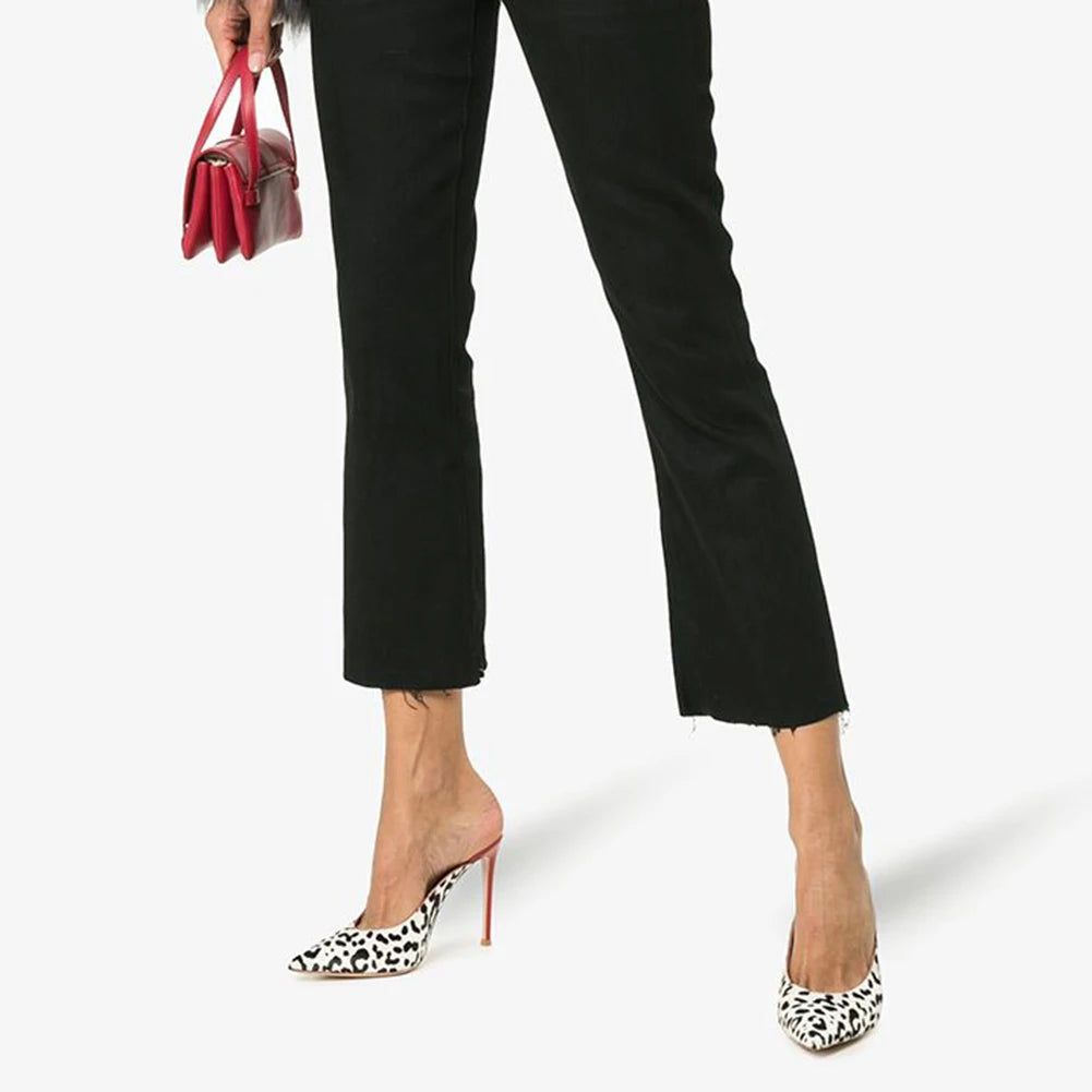 Factory Big Size China Supplier Sexy Evening Dress Heels White Leopard High Heel Summer Shoes Pointed Toe Women High Heel Mules