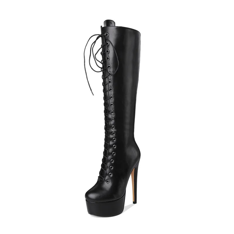 Onlymaker Women Platform The Knee High Boots Front Lace-Up Thin Heel Stiletto Stretch Big Size Winter Sexy Woman Boots