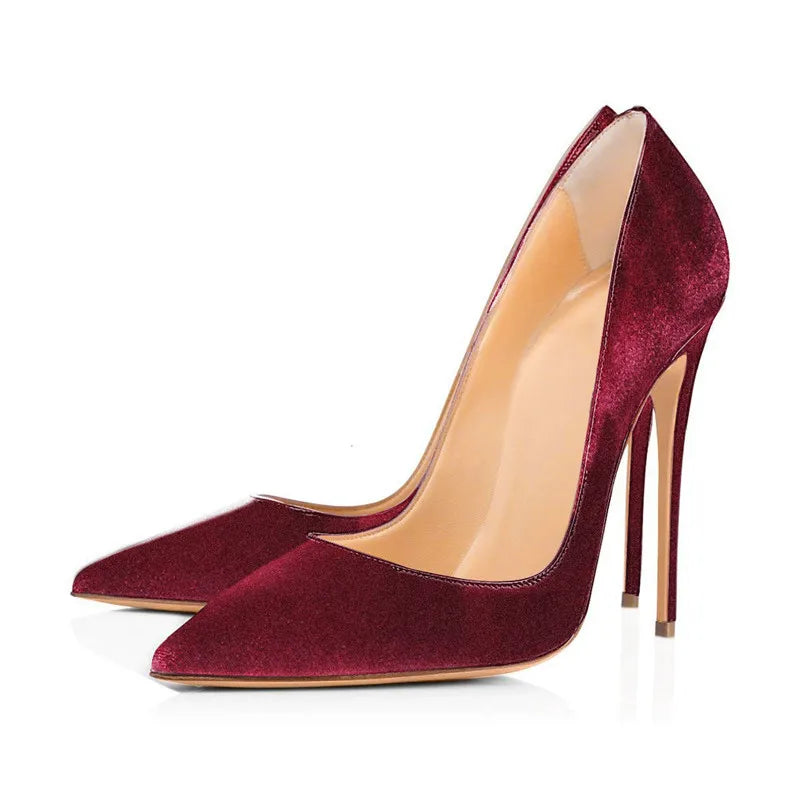 Women Stilettos Pointed Toe Thin High Heel Velvet Green Female Party Slip On Burgundy Pumps Plus Size US5-US15