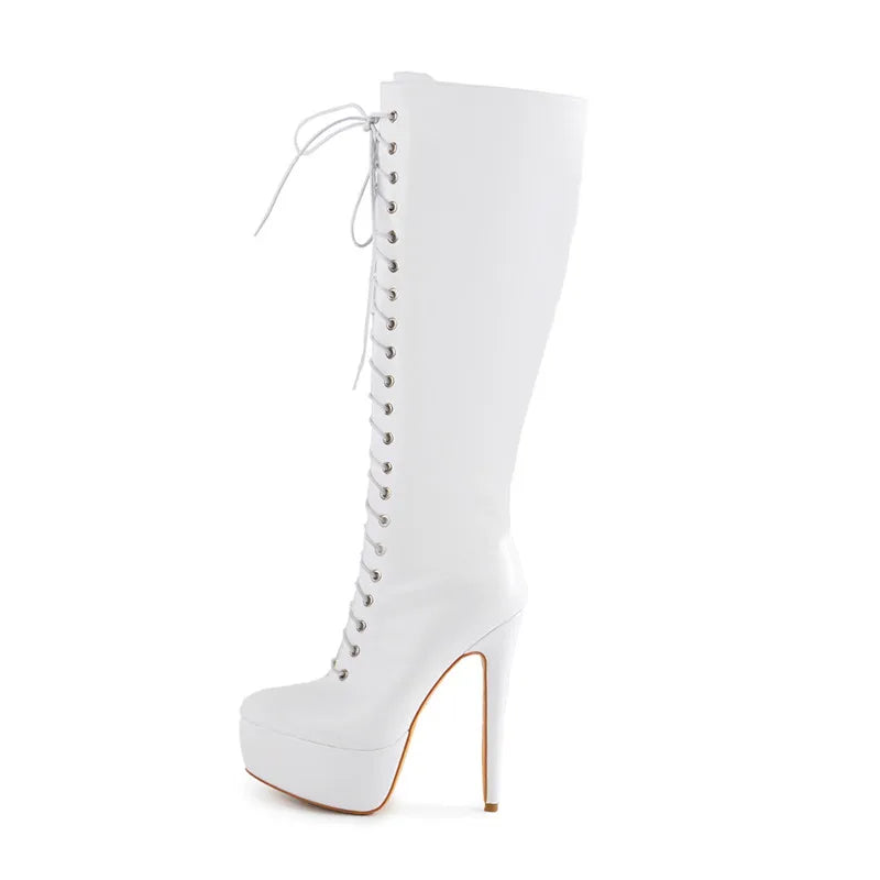 Onlymaker Women Platform The Knee High Boots Front Lace-Up Thin Heel Stiletto Stretch Big Size Winter Sexy Woman Boots