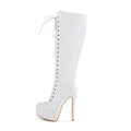 Onlymaker Women Platform The Knee High Boots Front Lace-Up Thin Heel Stiletto Stretch Big Size Winter Sexy Woman Boots