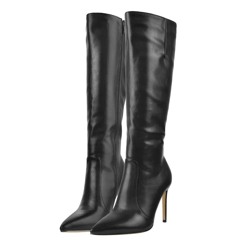 Onlymaker Pointed Toe Knee High Boots Stiletto High Heels Soft PU Leather Flock Concise Side Zipper Big Size Fashion Boots