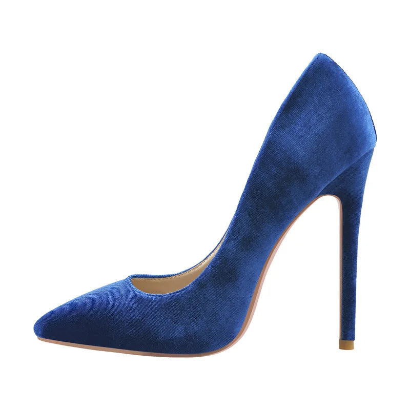 Women Pointed Toe  Elegant Evening Dress  Large Size Basic Shoes Flock Slip On Stiletto Green Blue Pumps