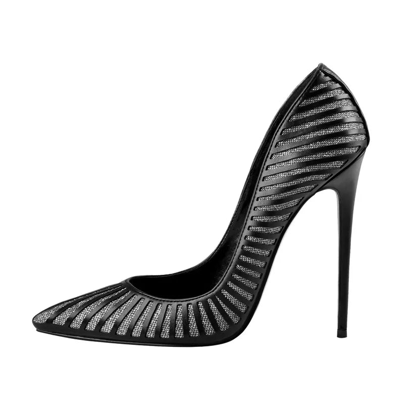 Women 12CM Pointed Toe High Heels Slip on Stiletto Pumps Dress Party Office Classic Stripes Plus Large Size US5-15