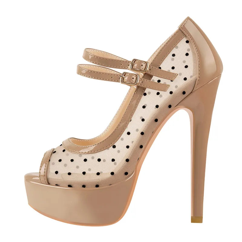 Women Black Platform Peep Toe Mesh Spike Pumps Sandals Thin High Heel  Big Size Buckle Strap Party Shoes
