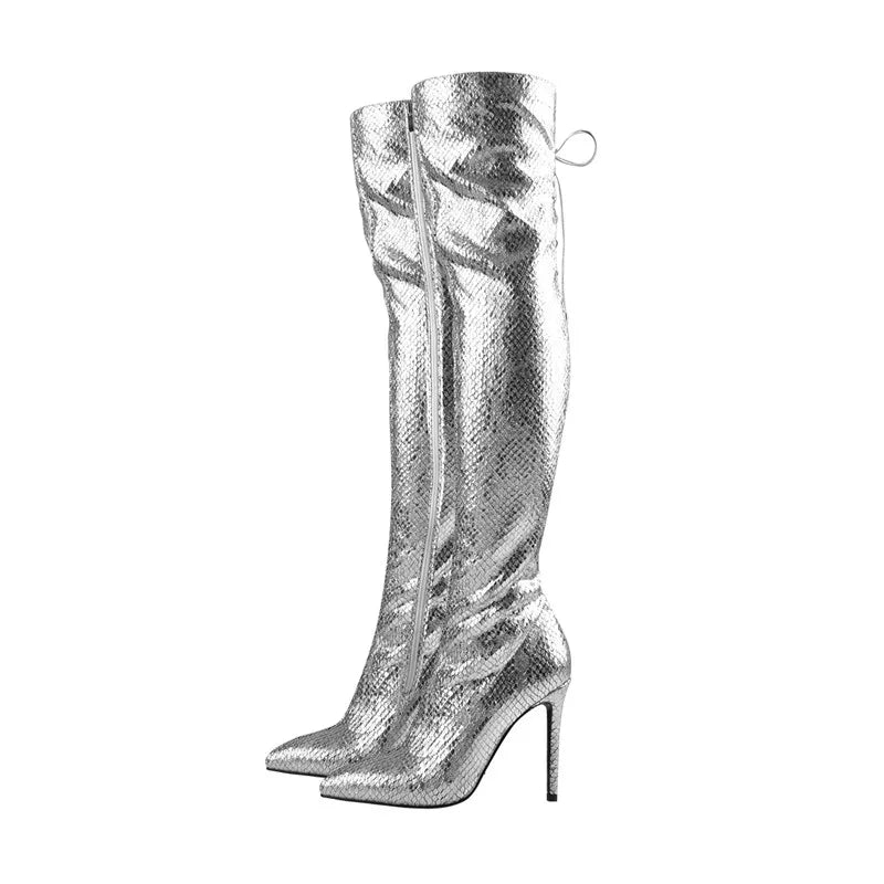 Onlymaker Women Pointed Toe Metallic Silver Over the Knee Boots Thin High Heel  Slim Heel  Side Zip Glitter Fashion Long Boots