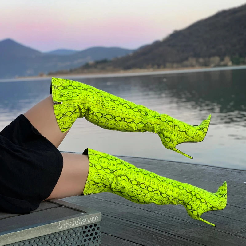 Onlymaker Women  Over The Knee Boots  Snake Peep Toe Skin Print Pattern Stiletto Fashion Party  Plus Size  Handmade Boots