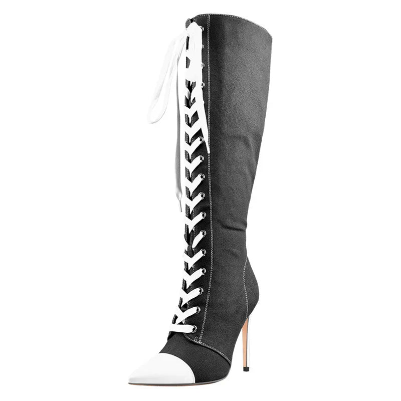 Onlymaker Women  Pointed-toe Lace Up Canvas Boots 10CM Thin High Heel Side Zipper Blue Long Boots Plus Size US5~US15