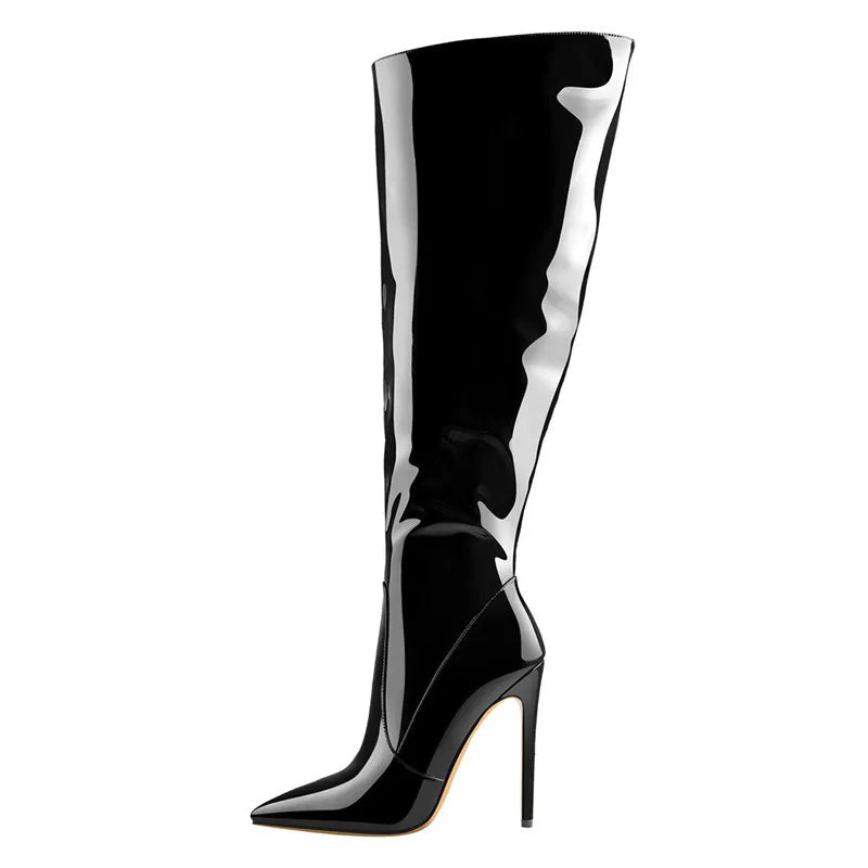 Onlymaker Women Side Zip Knee Boots Pointed Toe Black Patent Leather 10CM High Heel Woman Big Size Fashion Boots