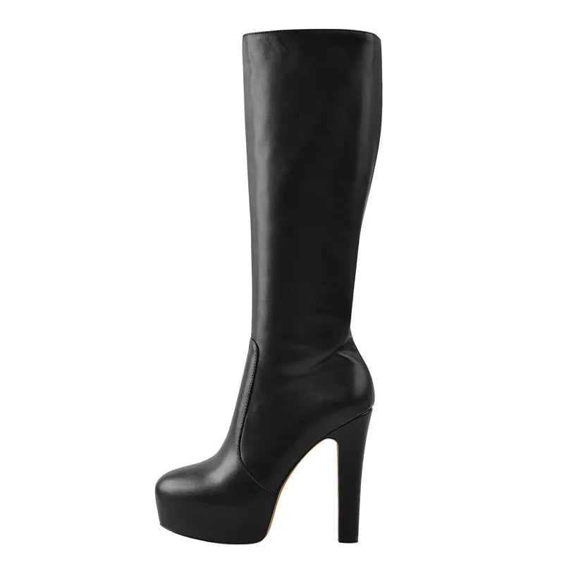 Onlymaker Women Knee High Boots Round Toe Black Matte Leopard  White Side Zipper Winter Fashion Party Dress Big Size Boots