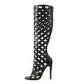 Onlymaker Women Peep Toe Black Hollow Grid Stiletto Zipper Knee High Boots High Heel  Plus Size Sandals Boots For Summer