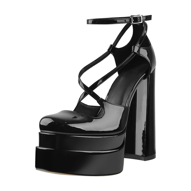 Women Platform Pumps Black Patent Leather Cross-tied Square Toe Fashion Party Comfortable Thick High Heels