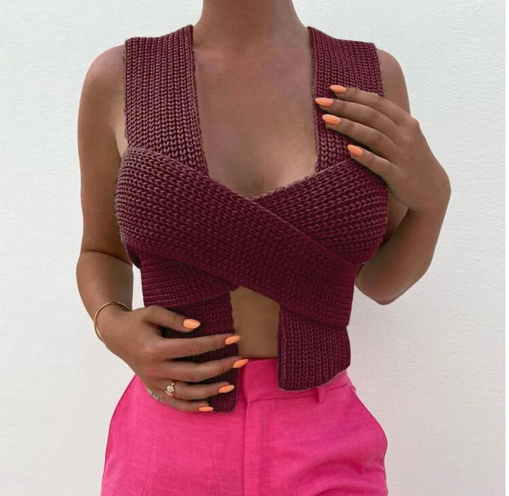 2026 Spring Summer Bow Cross Strap Knitted Sweater Vest Women Sexy Crop Top DIY Tie Clothing Sleevless Jumpe Girl Sexy Purple