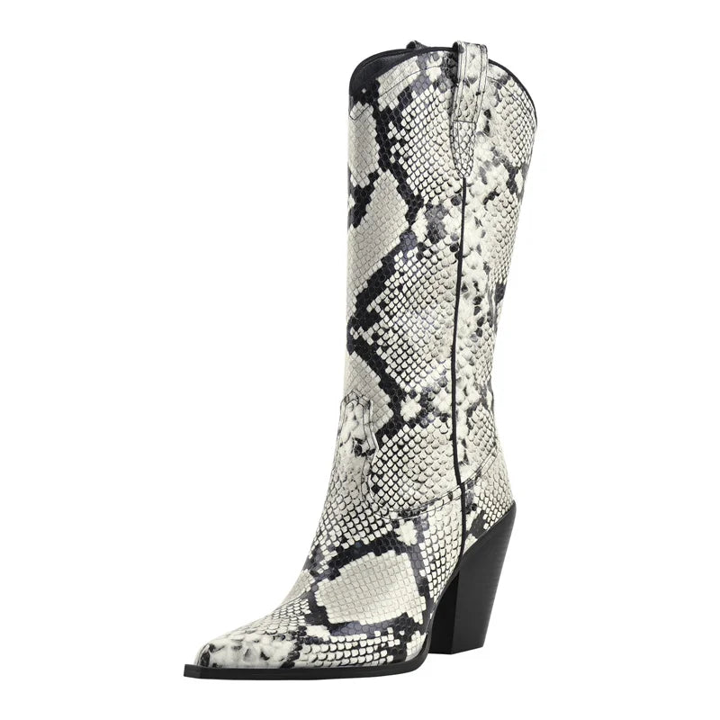 Women Pointed Toe  Zipper Winter  Mid-Calf Boots Fashion Mature Big Size Thick Heels snake Skin Print  Cowboy Boots
